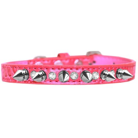 MIRAGE PET PRODUCTS Silver Spike & Clear Jewel Croc Dog CollarBright Pink Size 10 720-17 BPKC10